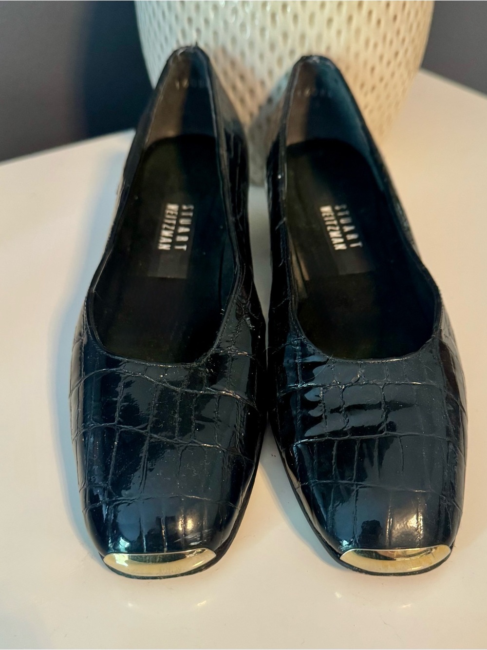 Stuart Weitzman Vintage Black Snake Croc Leather Gold 90s Block Heels Size 7.5